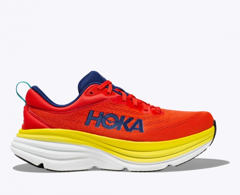 HOKA Bondi 8 Men\'s Running Shoes Red / Yellow | SRH914658