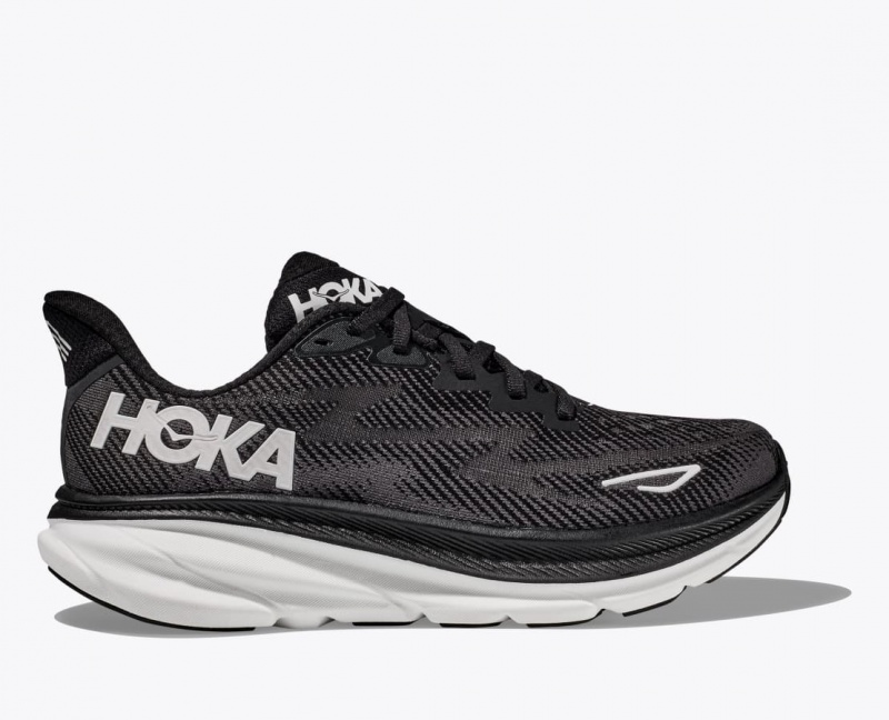 HOKA Clifton 9 Men\'s Running Shoes Black / White | TBE729641