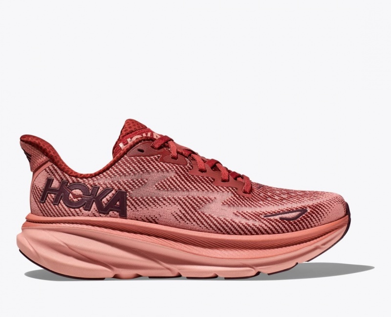 HOKA Clifton 9 Men\'s Running Shoes Dark Red / Coral | OWZ103548