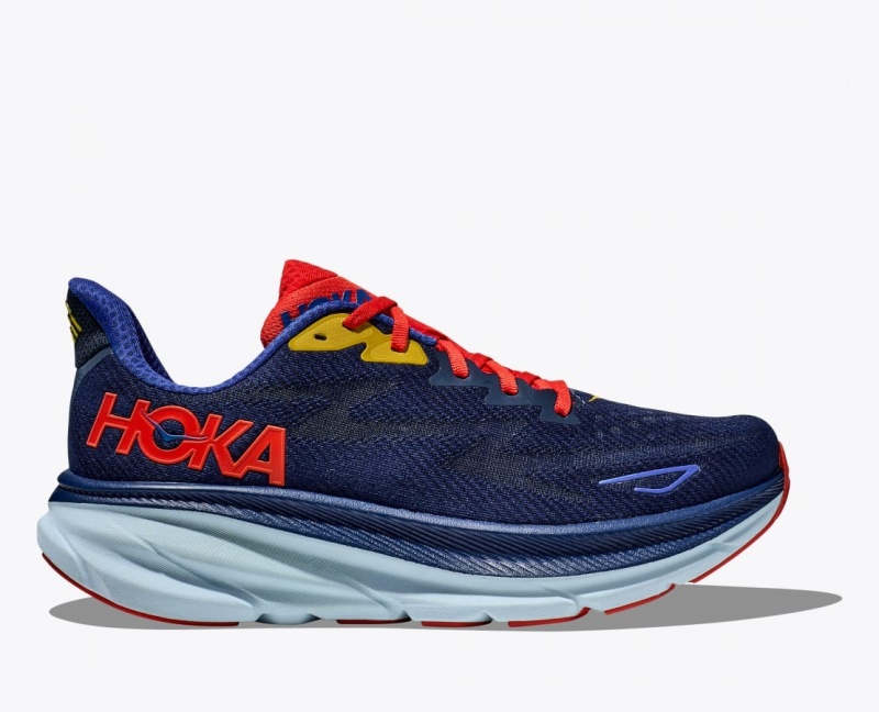 HOKA Clifton 9 Men\'s Running Shoes Navy / Dark Coral | KIB619083